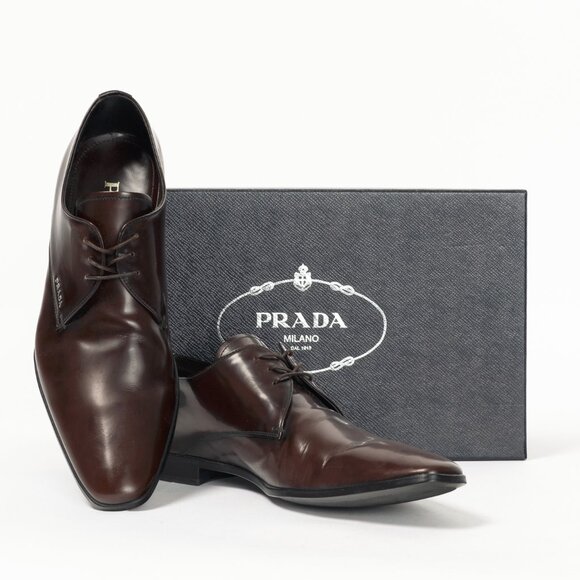 Prada Brown Spazzolato Leather Lace-Up Derbies - Picture 12 of 12